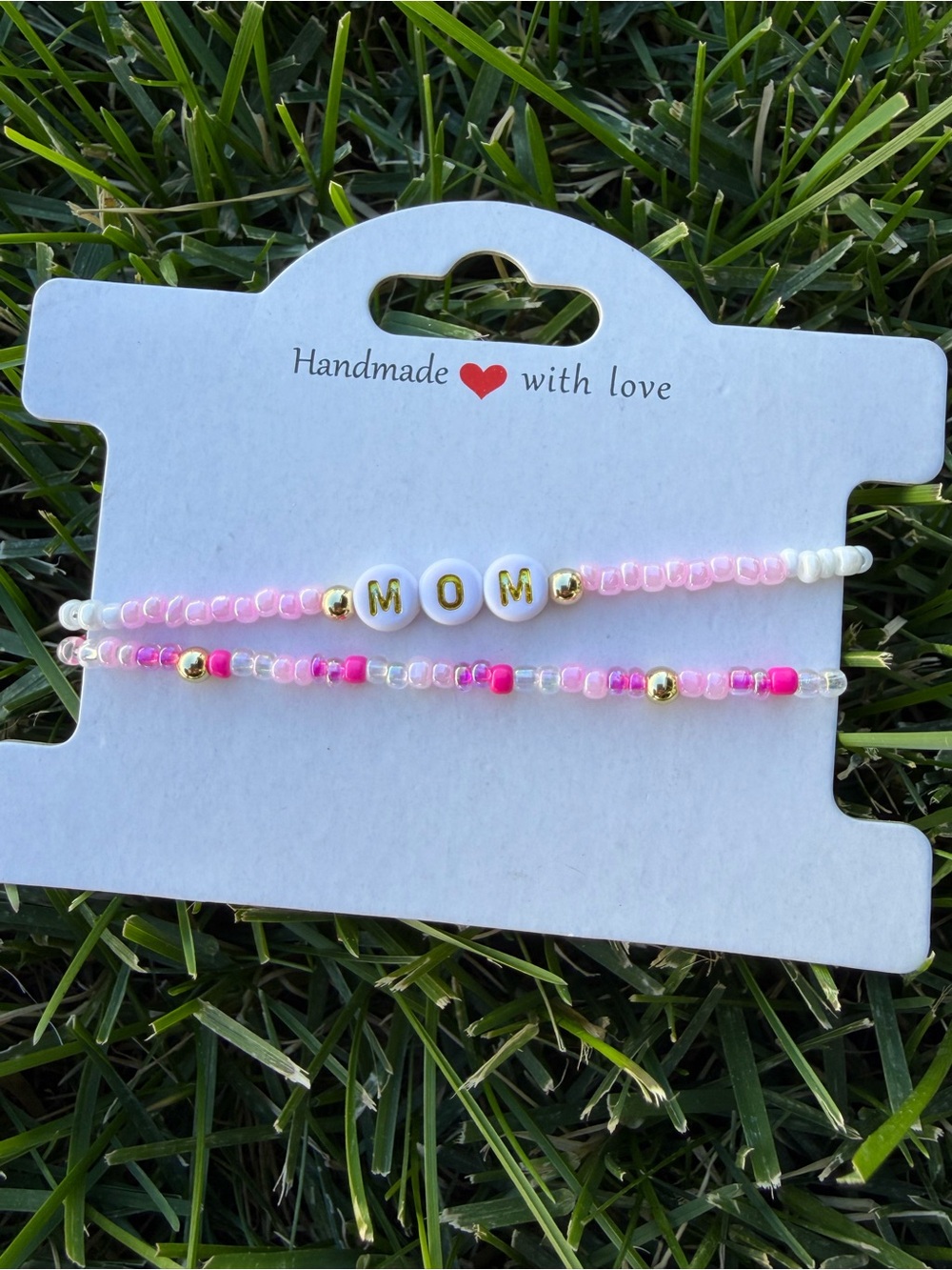 Handmade Mom Beaded Bracelet Set - Pink & White
